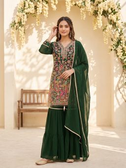 Koskii - Bottle Green Thread Work Georgette Kurta with Sharara and Dupatta