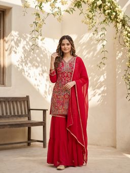 Koskii - Red Thread Work Georgette Kurta with Sharara and Dupatta