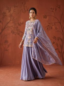 Koskii - Lavender Thread Work Crepe Kurta with Palazzo and Dupatta