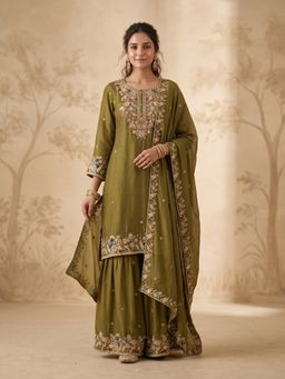 Koskii - Mehendi Green Thread Work Crepe Kurta with Palazzo and Dupatta