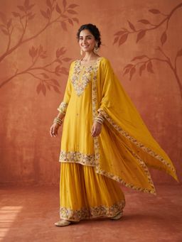 Koskii - Mustard Thread Work Crepe Kurta with Palazzo and Dupatta