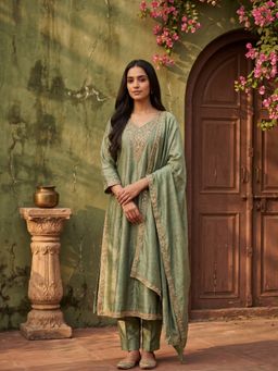Koskii - Green Soft Raw Silk Zari Work Anarkali Kurta with Pant and Dupatta