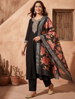 Koskii - Black Soft Raw Silk Anarkali Kurta with Pant and Dupatta