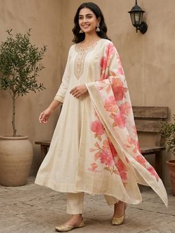 Koskii - Cream Soft Raw Silk Anarkali Kurta with Pant and Dupatta