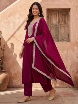 Koskii - Purple Soft Raw Silk Anarkali Kurta with Pant and Dupatta