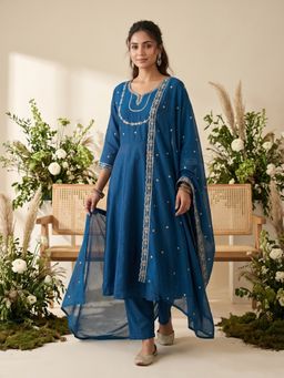 Koskii - Blue Zari Work Soft Raw Silk Kurta with Pant and Dupatta
