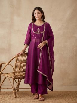 Koskii - Purple Zari Work Soft Raw Silk Kurta with Pant and Dupatta