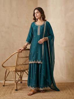 Koskii - Teal Zari Work Chinon Kurta with Palazzo and Dupatta