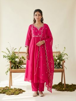 Koskii - Rani Pink Zari Work Soft Raw Silk Kurta with Pant and Dupatta