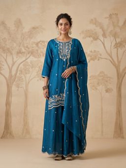 Koskii - Peacock Blue Zari Work Chinon Kurta with Palazzo and Dupatta