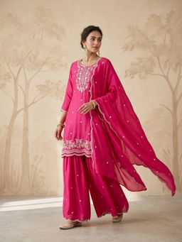 Koskii - Rani Pink Zari Work Chinon Kurta with Palazzo and Dupatta