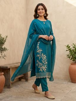 Koskii - Peacock Blue Thread Work Straight Kurta with Pant and Dupatta