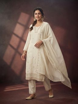 Koskii - Off White Zari Work Chanderi Kurta with Pant and Dupatta