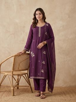 Koskii - Purple Thread Work Chanderi Kurta with Pant and Dupatta
