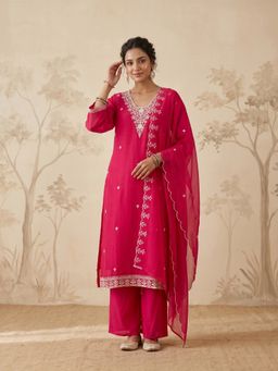 Koskii - Rani Pink Cording Chanderi Kurta with Pant and Dupatta