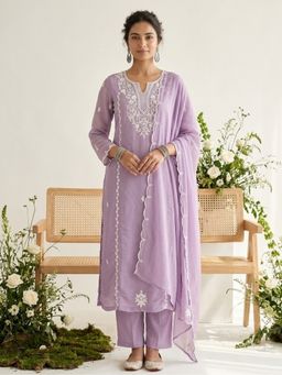 Koskii - Lavender Chanderi Thread Work Straight Kurta with Pant and Dupatta