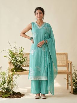 Koskii - Sea Green Thread Work Chanderi Kurta with Pant and Dupatta