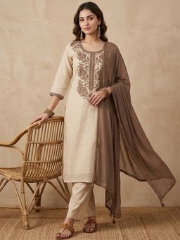 Koskii - Beige Cotton Thread Work Straight Kurta with Pant and Dupatta