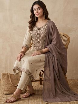 Koskii - Beige Cotton Thread Work Straight Kurta with Pant and Dupatta