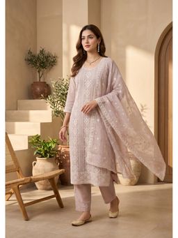 Koskii - Pink Thread Work Straight Kurta with Pant and Dupatta