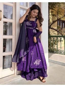 Kedar Fab - Purple Women's Embroidered Anarkali Kurta with Palazzo and Dupatta