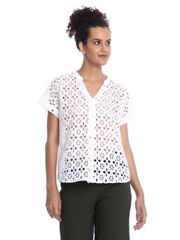 Gazillion - Belinda White Cotton Schiffli Self Design Loose Top for Women