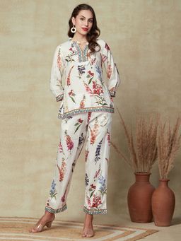 FASHOR - Printed Kurti with Pant Co-Ord - White and Multi-Color (Set of 2)