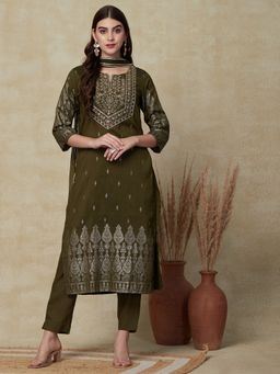 FASHOR - Floral Printed Kurta with Pant and Dupatta - Olive (Set of 3)