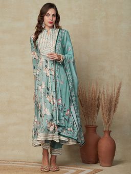 FASHOR - Floral Printed Anarkali with Pant and Dupatta - Mint Green (Set of 3)