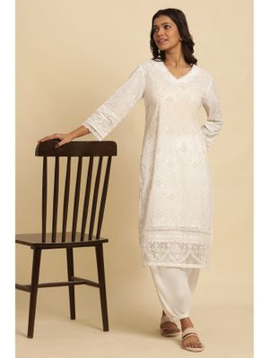 White Check Printed Thread Embroidered Pure Cotton Straight Kurta