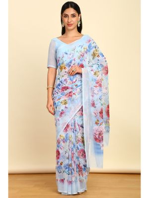 Snuggle Spot Women's Georgette Printed Saree With Unstitched Blouse (Blue) main image 0