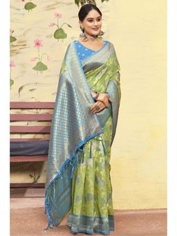 Sangam Prints - Light Green Cotton Woven Zari Work Traditional Tassel Saree with Unstitched Blouse