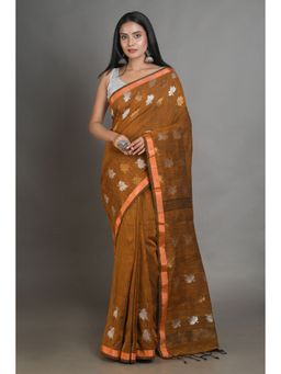 Arhi - Rust Linen handwoven soft saree with zari border with Unstitched Blouse