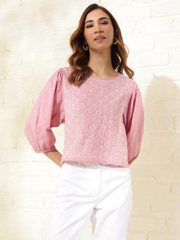 Fabindia - Pink Cotton Chikankari Short Top