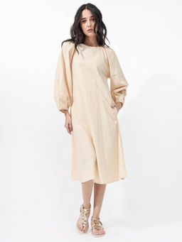 RAREISM - Asta Light Beige Solid Midi Dress