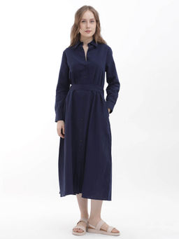RAREISM - Perif Navy Blue Solid Midi Dress with Belt (Set of 2)