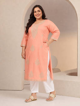Extra love by Libas - Plus Size Peach Floral Embroidered Silk Blend Straight Kurta