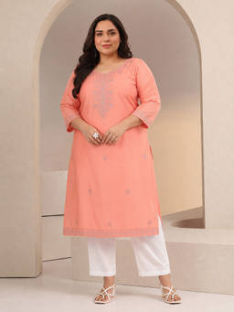 Extra love by Libas - Plus Size Peach Embroidered Silk Blend Straight Kurta