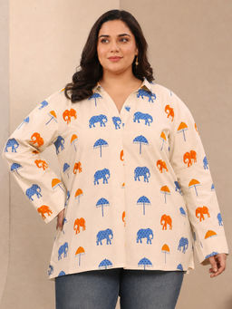 Extra love by Libas - Off White Printed Collar Neck Straight Tunic