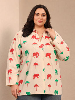 Extra love by Libas - Off White Printed Collar Neck Straight Tunic