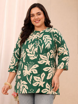 Extra love by Libas - Green Printed Mandarin Neck Straight Tunic