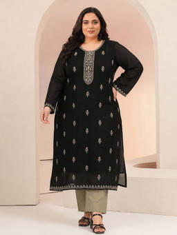 Extra love by Libas - Plus Size Black Ethnic Embroidered Silk Blend Straight Kurta