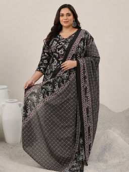 Extra love by Libas - Black Printed V-Neck Straight Kurta Pant with Dupatta