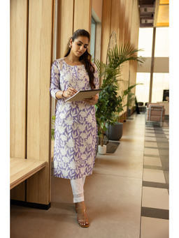 Libas - Lavender Floral Round Neck Straight Kurta