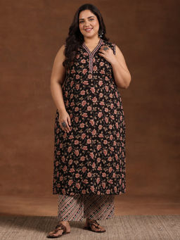 Extra love by Libas - Black Floral V-Neck Straight Kurta & Pant
