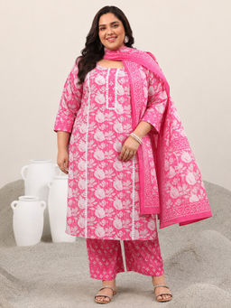 Extra love by Libas - Pink Floral Round Neck Straight Kurta Pant with Dupatta