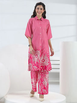 Libas - Pink Floral Collar Neck Straight Co-ord Set (XS)