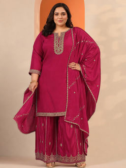 Extra love by Libas - Pink Embroidered Round Neck Straight Kurta Palazzo with Dupatta