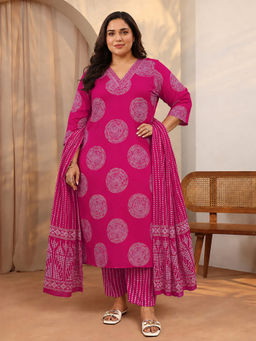 Extra love by Libas - Pink Printed V-Neck Straight Kurta Pant with Dupatta
