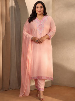Extra love by Libas - Peach Embroidered V-Neck Straight Kurta Pant with Dupatta